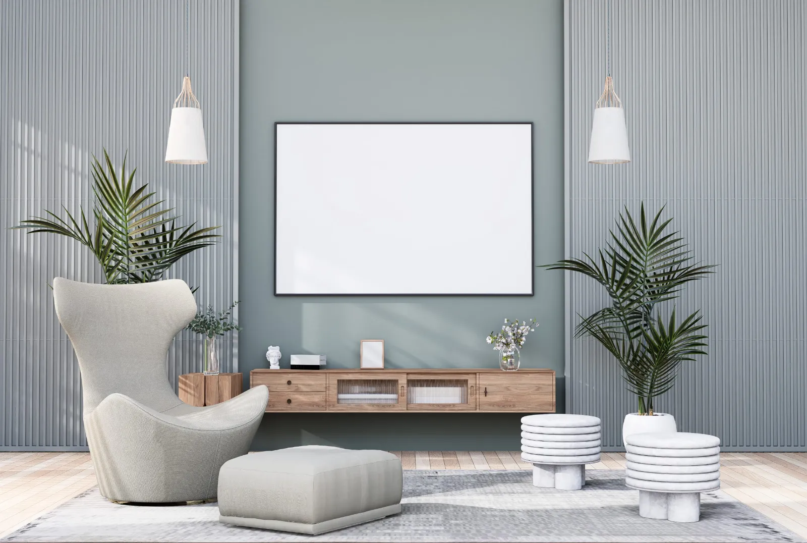 Mur peint vert de gris avec meuble TV