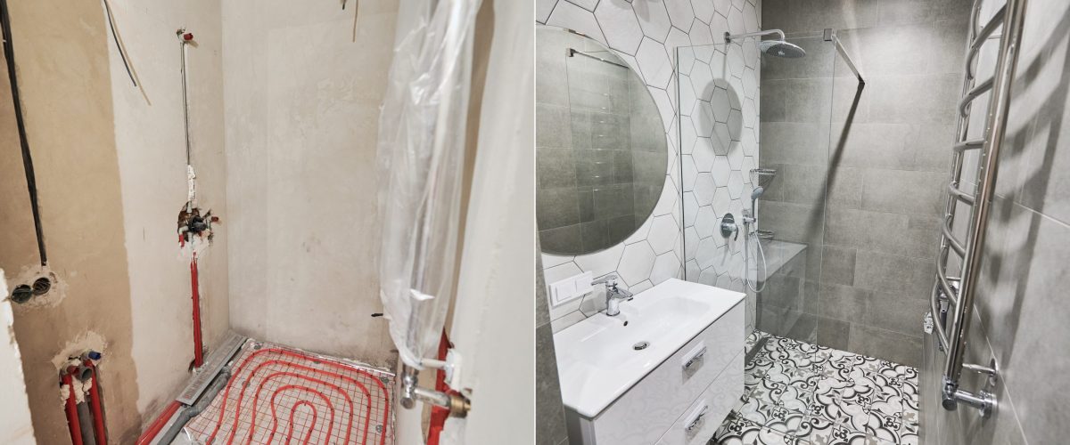 Photo collage of apartment bathroom before and after restoration. Comparison of old room with underfloor heating pipes and new renovated restroom with sink, shower, mirror and towel dryer.